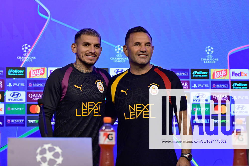 Ahead of Galatasaray v Barcelona - UEFA Champions League ISTANBUL, TURKIYE - OCTOBER 12: Galatasaray head coach Okan Buruk (R) and Galatasaray player Lucas Torreira (L) pose for a photo as they attend a press conference, PK, Pressekonferenz at the Kemerburgaz Metin Oktay Training Facilities in Istanbul, Turkiye, on October 12, 2026, ahead of their UEFA Champions League second matchweek clash against Barcelona. Cem Tekkesinoglu Anadolu Istanbul Turkey. Editorial use only. Please get in touch for any other usage.