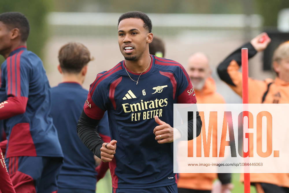 Arsenal Training & Media Conference, Champions League Gabriel Magalhaes of Arsenal during the Arsenal training session at the Arsenal FC Training Centre, ahead of UEFA Champions League Matchday 2 v Lille, London Colney, England on 12 October 2026 Credit: Tiego Grenho Every Second Media Editorial use only. All images are copyright Every Second Media Limited. No images may be reproduced without prior permission.