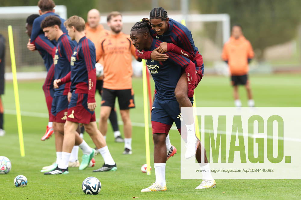 Arsenal Training & Media Conference, Champions League Eberechi Eze smiles with Marli Salmon of Arsenal during the Arsenal training session at the Arsenal FC Training Centre, ahead of UEFA Champions League Matchday 2 v Lille, London Colney, England on 12 October 2026 Credit: Tiego Grenho Every Second Media Editorial use only. All images are copyright Every Second Media Limited. No images may be reproduced without prior permission.