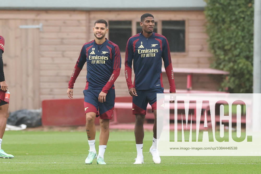 Arsenal Training & Media Conference, Champions League Bruno Guimaraes and Cristhian Mosquera of Arsenal during the Arsenal training session at the Arsenal FC Training Centre, ahead of UEFA Champions League Matchday 2 v Lille, London Colney, England on 12 October 2026 Credit: Tiego Grenho Every Second Media Editorial use only. All images are copyright Every Second Media Limited. No images may be reproduced without prior permission.