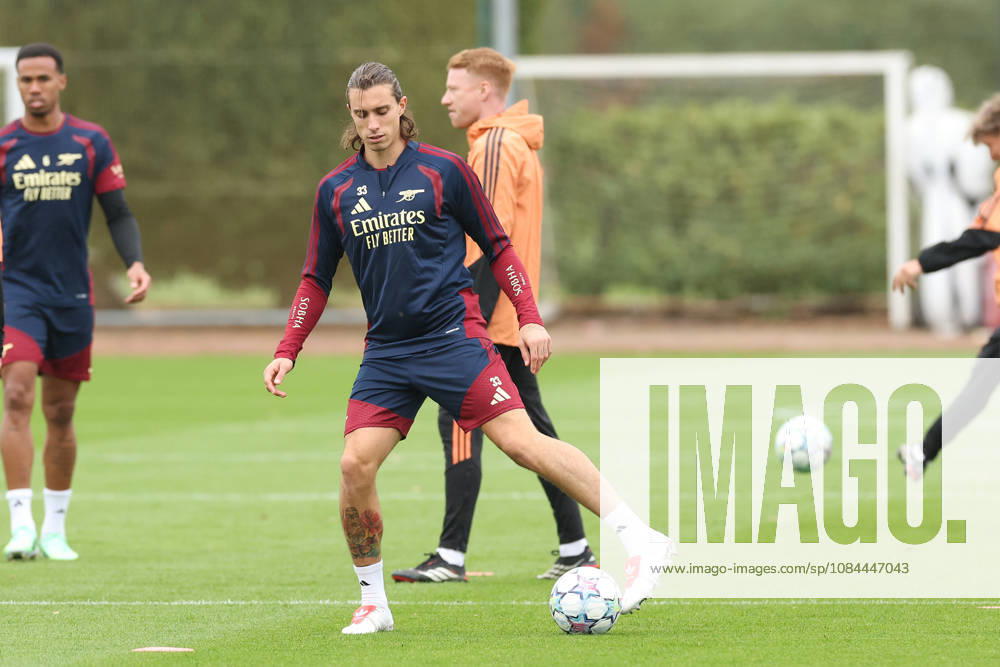 Arsenal Training & Media Conference, Champions League Riccardo Calafiori of Arsenal during the Arsenal training session at the Arsenal FC Training Centre, ahead of UEFA Champions League Matchday 2 v Lille, London Colney, England on 12 October 2026 Credit: Tiego Grenho Every Second Media Editorial use only. All images are copyright Every Second Media Limited. No images may be reproduced without prior permission.