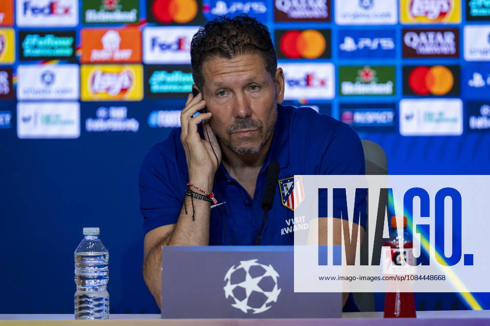 Atletico de Madrid Training Session And press conference, PK, Pressekonferenz - UEFA Champions League 2026 27 League Phase MD2 MADRID, SPAIN - OCTOBER 12: Diego Pablo Simeone, Head Coach of Atletico de Madrid, speaks during the press conference on day ahead of the UEFA Champions League 2026 27 League Phase MD2 against Manchester United, ManU at Estadio Riyadh Air Metropolitano on October 12, 2026 in Madrid, Spain. Madrid Estadio Riyadh Air Metropolitano Madrid Spain