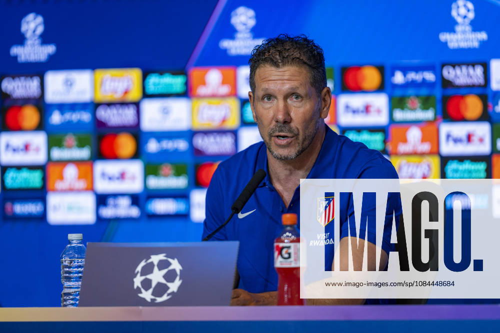 Atletico de Madrid Training Session And press conference, PK, Pressekonferenz - UEFA Champions League 2026 27 League Phase MD2 MADRID, SPAIN - OCTOBER 12: Diego Pablo Simeone, Head Coach of Atletico de Madrid, speaks during the press conference on day ahead of the UEFA Champions League 2026 27 League Phase MD2 against Manchester United, ManU at Estadio Riyadh Air Metropolitano on October 12, 2026 in Madrid, Spain. Madrid Estadio Riyadh Air Metropolitano Madrid Spain