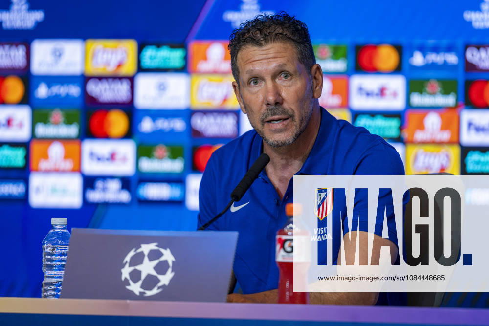Atletico de Madrid Training Session And press conference, PK, Pressekonferenz - UEFA Champions League 2026 27 League Phase MD2 MADRID, SPAIN - OCTOBER 12: Diego Pablo Simeone, Head Coach of Atletico de Madrid, speaks during the press conference on day ahead of the UEFA Champions League 2026 27 League Phase MD2 against Manchester United, ManU at Estadio Riyadh Air Metropolitano on October 12, 2026 in Madrid, Spain. Madrid Estadio Riyadh Air Metropolitano Madrid Spain