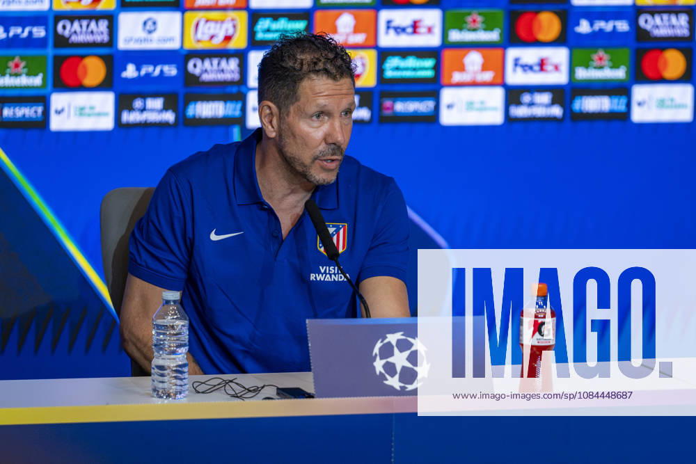 Atletico de Madrid Training Session And press conference, PK, Pressekonferenz - UEFA Champions League 2026 27 League Phase MD2 MADRID, SPAIN - OCTOBER 12: Diego Pablo Simeone, Head Coach of Atletico de Madrid, speaks during the press conference on day ahead of the UEFA Champions League 2026 27 League Phase MD2 against Manchester United, ManU at Estadio Riyadh Air Metropolitano on October 12, 2026 in Madrid, Spain. Madrid Estadio Riyadh Air Metropolitano Madrid Spain