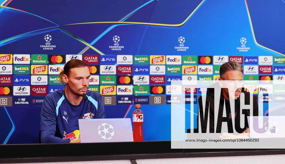 RB Leipzig - PK Champions League Leipzig, 12.10.2026, RB Akademie, UEFA Champions League , RB Leipzig - Pressekonferenz am Vortag von RBLeipzig v. PSV Eindhoven , Im Bild: Torwart Maarten Vandevoordt (26, RB Leipzig) und Trainer Martin Demichelis, RB Leipzig ,