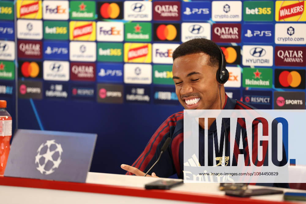 Arsenal Training & Media Conference, Champions League Gabriel of Arsenal smiles during the Arsenal media conference at the Arsenal FC Training Centre, ahead of UEFA Champions League Matchday 2 v Lille, London Colney, England on 12 October 2026 Credit: Tiego Grenho Every Second Media Editorial use only. All images are copyright Every Second Media Limited. No images may be reproduced without prior permission.