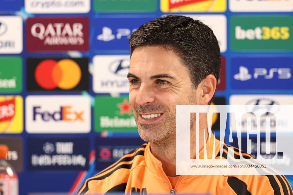 Arsenal Training & Media Conference, Champions League Arsenal Manager, Mikel Arteta smiles during the Arsenal media conference at the Arsenal FC Training Centre, ahead of UEFA Champions League Matchday 2 v Lille, London Colney, England on 12 October 2026 Credit: Tiego Grenho Every Second Media Editorial use only. All images are copyright Every Second Media Limited. No images may be reproduced without prior permission.