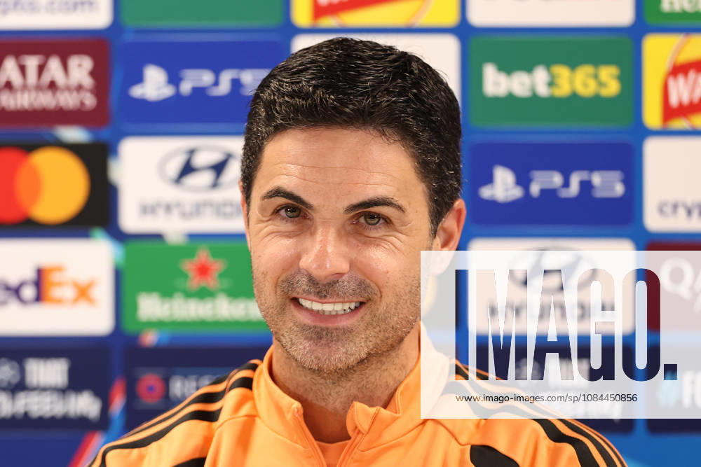Arsenal Training & Media Conference, Champions League Arsenal Manager, Mikel Arteta smiles during the Arsenal media conference at the Arsenal FC Training Centre, ahead of UEFA Champions League Matchday 2 v Lille, London Colney, England on 12 October 2026 Credit: Tiego Grenho Every Second Media Editorial use only. All images are copyright Every Second Media Limited. No images may be reproduced without prior permission.