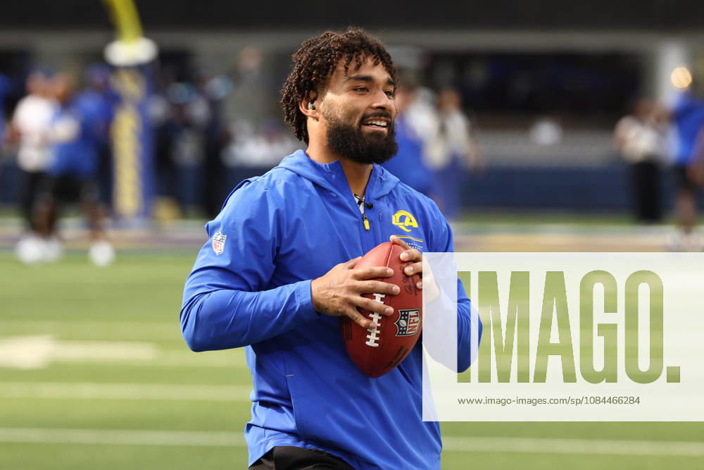 INGLEWOOD, CA - OCTOBER 12: Kyren Williams 23 of the Los Angeles Rams is interviewed by co-Host of Monday Night Countdown (Pregame Show) Pat McAfee while tossing a football prior to an NFL, American Football Herren, USA game between the Buffalo Bills and the Los Angeles Rams on October 12, 2026, at SoFi Stadium in Inglewood, California. (Photo by Greg Fiore Icon Sportswire) NFL: OCT 12 Bills at Rams Icon56303