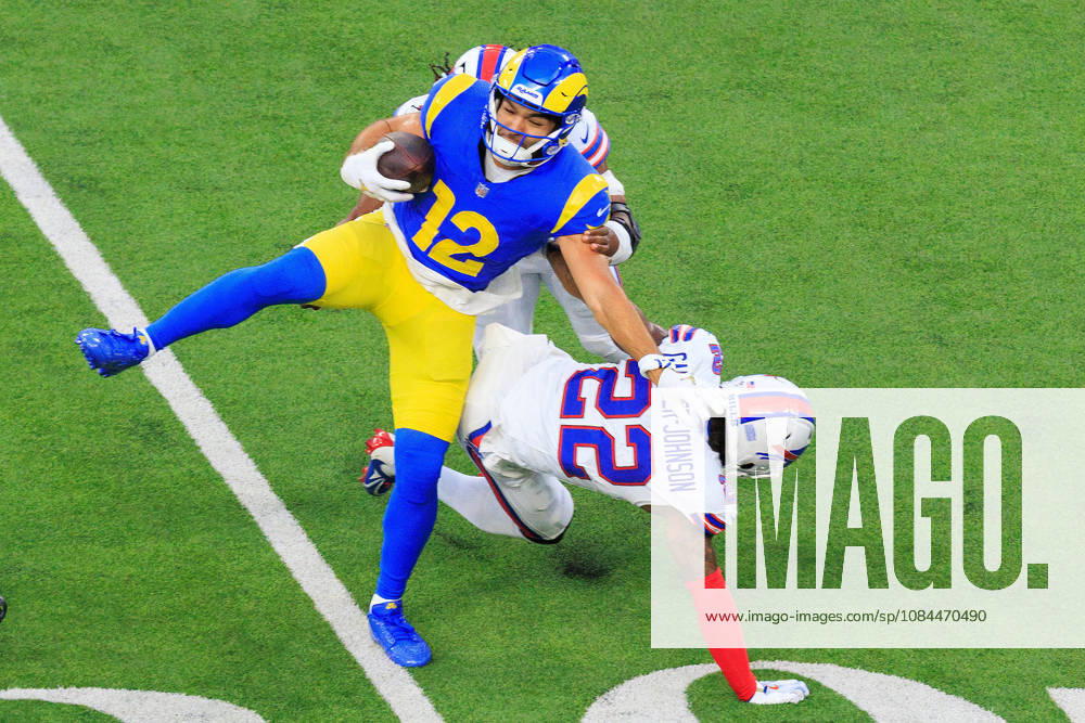 12 Puka Nacua, WR of the Los Angeles Rams is tackled by 22 CJ Gardner-Johnson, S of the Buffalo Bills during a regular NFL, American Football Herren, USA game against the Buffalo Bills on Monday October 12, 2026 at SoFi Stadium in Inglewood, California. Rams lose to Bills, 34-37 in overtime. JAVIER ROJAS PI Rams Vs. Bills - ZUMAp124 20261012_zaa_p124_044