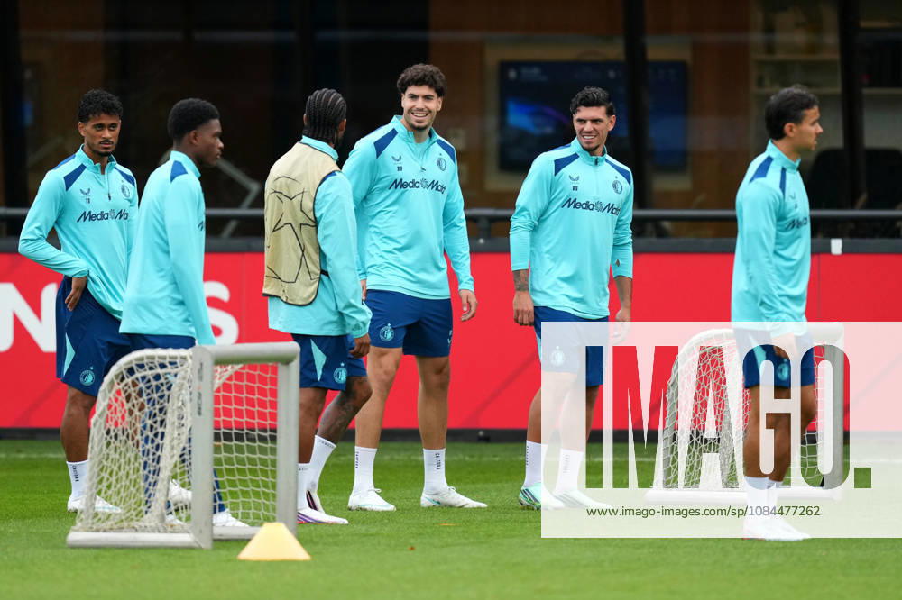 Training Champions League Feyenoord Rotterdam 2026 2027 Rotterdam - Goncalo Borges of Feyenoord Rotterdam shares a laugh with Jeremiah St Juste of Feyenoord Rotterdam, Nacho Ferri of Feyenoord Rotterdam and Javier Lopez of Feyenoord Rotterdam during a training before the Champions League match against Como 1907. The training is set at Trainingscomplex 1908 on 13 October 2026 in Rotterdam, Netherlands. (Hero Images Yannick Verhoeven)