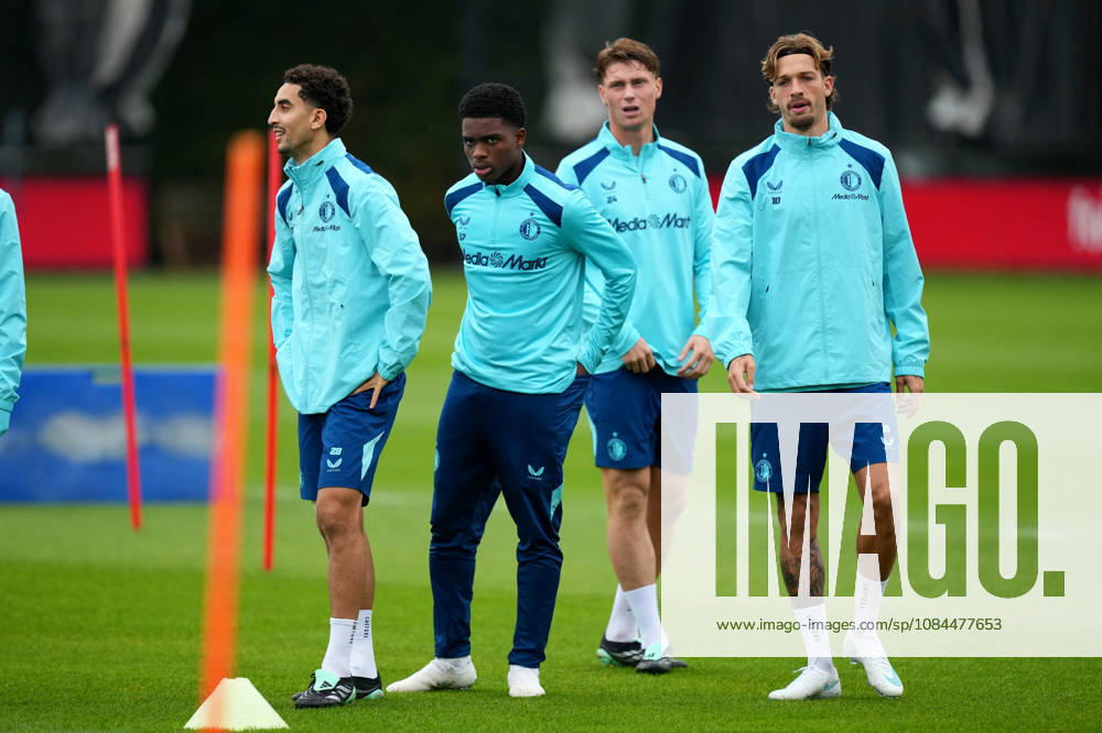 Training Champions League Feyenoord Rotterdam 2026 2027 Rotterdam - Oussama Targhalline of Feyenoord Rotterdam, Jerayno Schaken of Feyenoord Rotterdam, Thijs Kraaijeveld of Feyenoord Rotterdam and Luciano Valente of Feyenoord Rotterdam look on during a training before the Champions League match against Como 1907. The training is set at Trainingscomplex 1908 on 13 October 2026 in Rotterdam, Netherlands. (Hero Images Yannick Verhoeven)