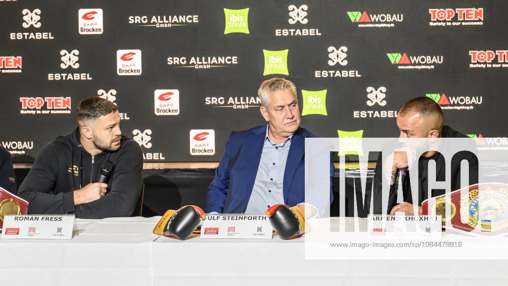 Im Bild v.l.: Roman Fress, Ulf Steinforth – SES-Promoter, Armend Xhoxhaj – WBO Europe Champion im Streit, Gespraech, reden, sprechen, GER, Magdeburg, SES, Erste Pressekonferenz vor der SES-Box-Gala am Samstag, 14. November 2026, Messe Magdeburg, 13.10.2026,