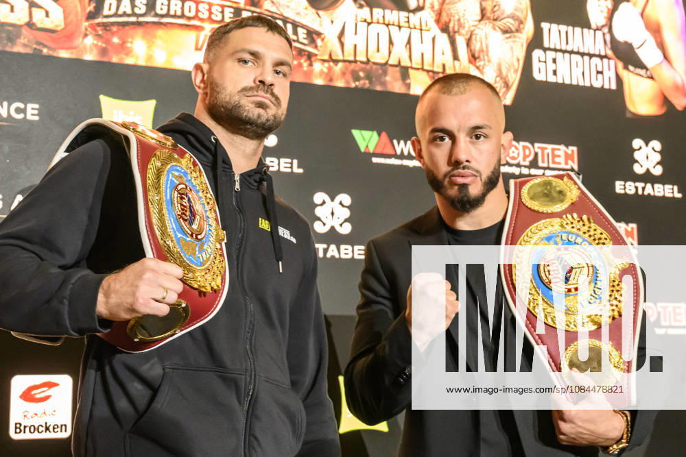 Im Bild v.l.: Roman Fress, Armend Xhoxhaj, GER, Magdeburg, SES, Erste Pressekonferenz vor der SES-Box-Gala am Samstag, 14. November 2026, Messe Magdeburg, 13.10.2026,