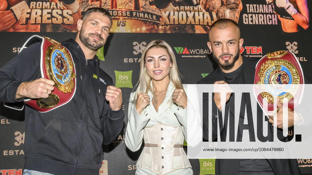 Im Bild v.l.: Roman Fress, Boxerin und Model Tatjana Genrich (Atomgewicht), Armend Xhoxhaj, GER, Magdeburg, SES, Erste Pressekonferenz vor der SES-Box-Gala am Samstag, 14. November 2026, Messe Magdeburg, 13.10.2026,