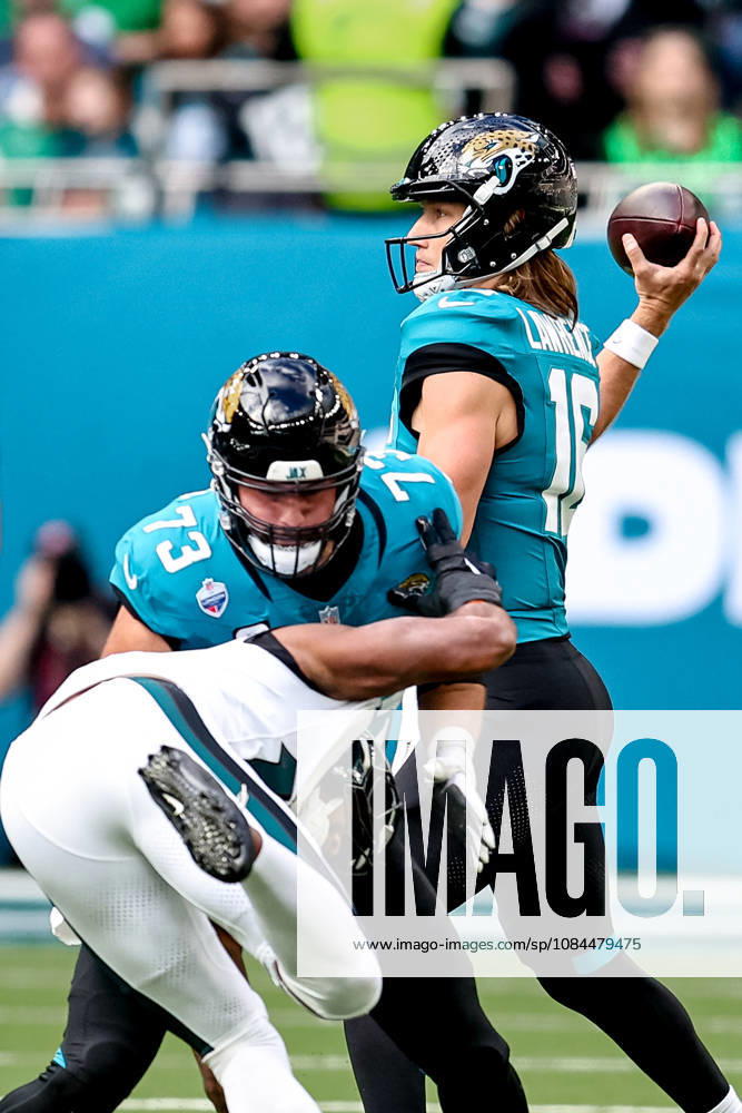 Jacksonville Jaguars v Philadelphia Eagles, International Series Jacksonville Jaguars quarterback Trevor Lawrence (16) plays a pass during the International Series match between Jacksonville Jaguars and Philadelphia Eagles at Tottenham Hotspur Stadium, London, UK on 11 October 2026. London Tottenham Hotspur Stadium London UK Editorial use only ,