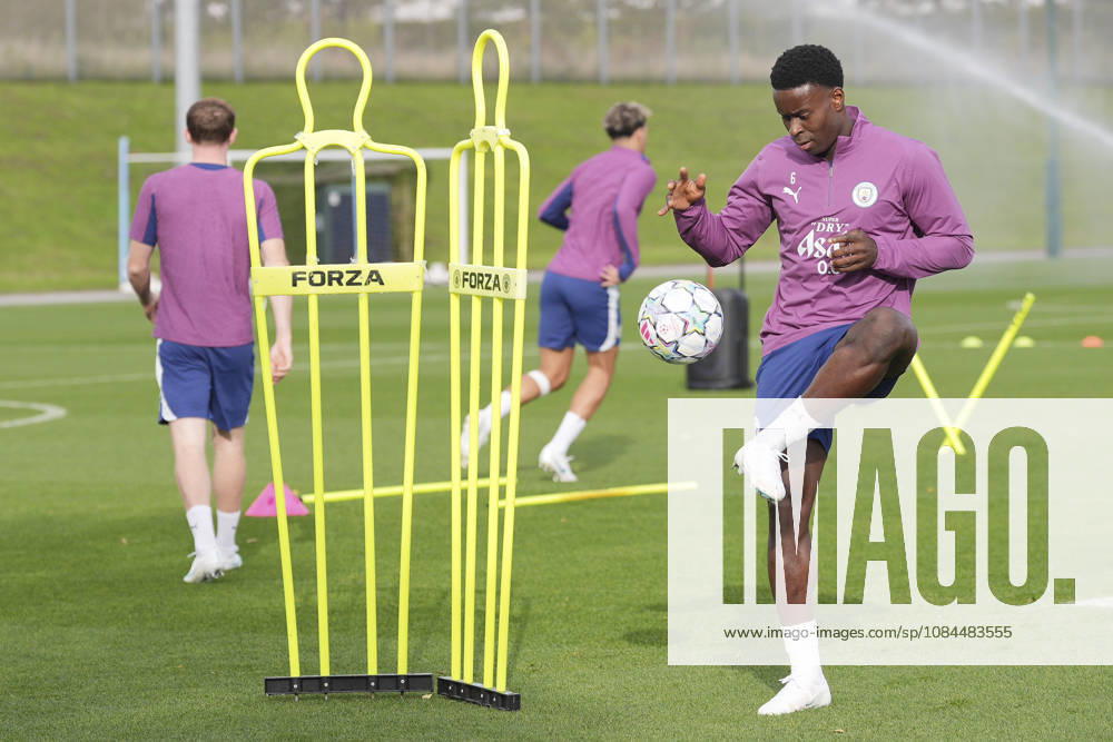 Manchester City Training, Champions League Marc Guéhi of Manchester City warms up during the training session ahead of UEFA Champions League matchday 2 vs Paris Saint-Germain, Manchester City at Joie Stadium, Etihad Campus, Manchester, England on 13 October 2026 Credit: Steve Flynn Every Second Media Editorial use only. All images are copyright Every Second Media Limited. No images may be reproduced without prior permission.