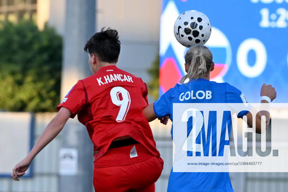 Lana Golob of Slovenia (R) in action against Kader Hancar of Turkey (L) during the UEFA Women’s European Qualifiers for 2027 World Cup Play-offs Round 1, 2nd leg match between Slovenia and Turkey at Sports Park Domzale, Domzale on October 13, 2026 in Domzale, Slovenia. (Photo by Igor Kupljenik Sports Press Photo).
