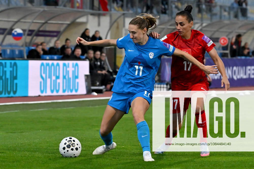 Lara Prasnikar of Slovenia (L) in action against Ilayda Civelek of Turkey (R) during the UEFA Women’s European Qualifiers for 2027 World Cup Play-offs Round 1, 2nd leg match between Slovenia and Turkey at Sports Park Domzale, Domzale on October 13, 2026 in Domzale, Slovenia. (Photo by Igor Kupljenik Sports Press Photo).
