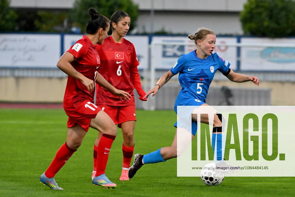 Naja Mihelic of Slovenia (R) in action against Selen Altunkulak of Turkey (C) during the UEFA Women’s European Qualifiers for 2027 World Cup Play-offs Round 1, 2nd leg match between Slovenia and Turkey at Sports Park Domzale, Domzale on October 13, 2026 in Domzale, Slovenia. (Photo by Igor Kupljenik Sports Press Photo).
