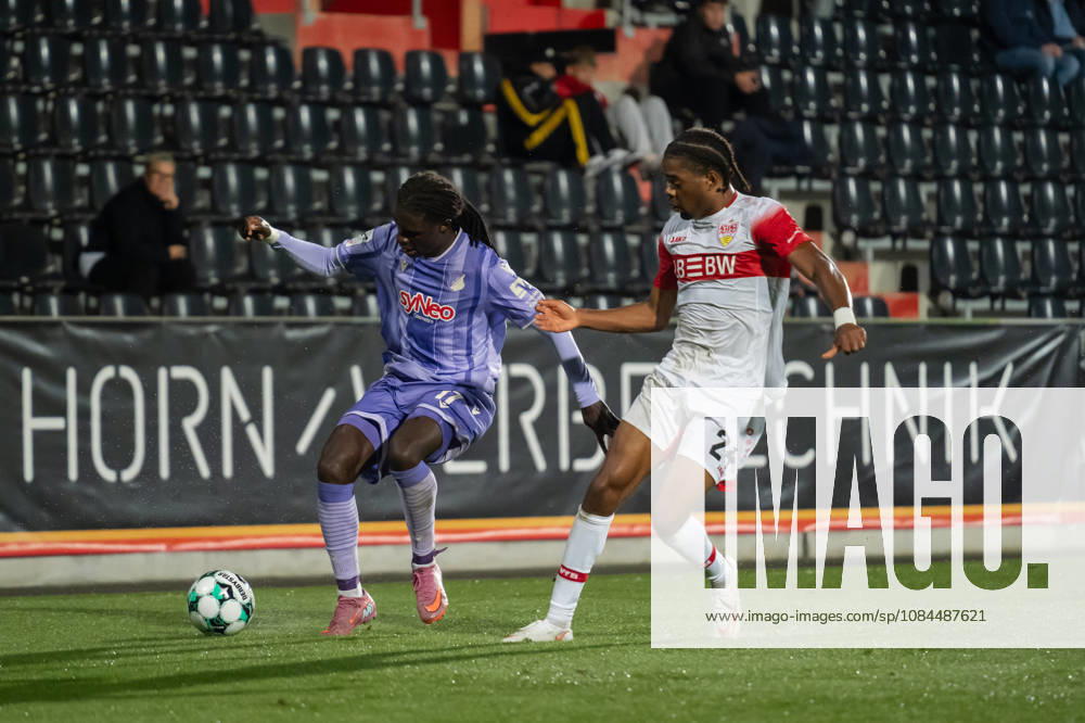 Fussball 3. Liga, VfB Stuttgart U23 - TSG Hoffenheim II, v.l. Blessing Makanda (17, TSG Hoffenheim II) gegen Joyeux Masanka Bungi (24, VfB Stuttgart II) Aspach