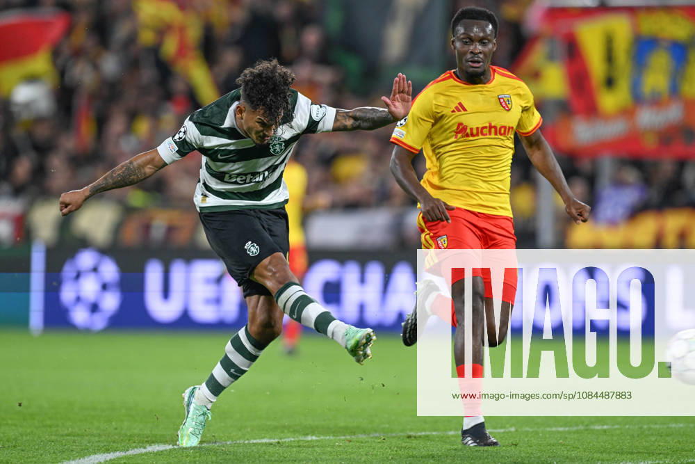 RC Lens vs Sporting CP Luis Suarez (97) of Sporting CP pictured in action with defending Samson Baidoo (6) of RC Lens during the Uefa Champions League matchday 2 game in the League phase in season 2026 - 2027 between Racing Club de Lens and Sporting CP Lisbon on October 13 , 2026 in Lens, France. (Photo by David Catry Sportpix) Lens Stade Bollaert Delelis France