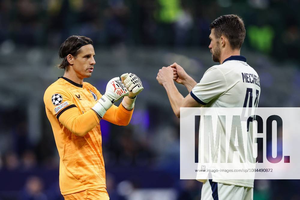 Club s goalkeeper Yann Sommer and Club s Brandon Mechele pictured at the start of a soccer game between Italian Inter Milan and Belgian Club Brugge KV, Tuesday 13 October 2026 in Milan, Italy, on day 2 of the UEFA Champions League league phase. BRUNOxFAHY x189709733x