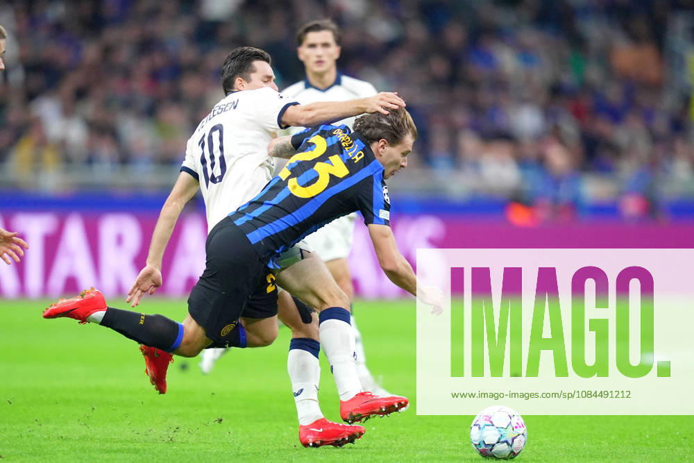 Inter Milan’s Nicolo Barella fights for the ball with Brugge’s Hugo Vetlesen during the Uefa Champions League soccer match between Inter and Club Brugge at San Siro Stadium in Milan , Italy - October 13 , 2026. - Soccer
