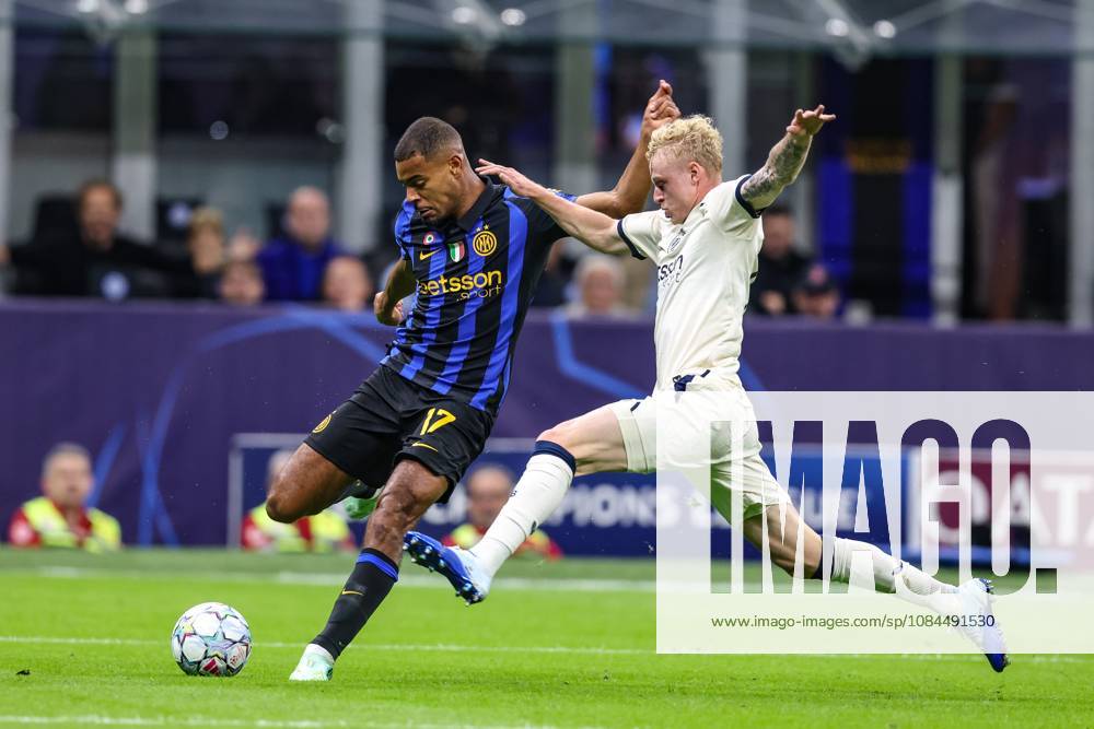Inter s Andy Diouf and Club s Joaquin Seys fight for the ball during a soccer game between Italian Inter Milan and Belgian Club Brugge KV, Tuesday 13 October 2026 in Milan, Italy, on day 2 of the UEFA Champions League league phase. BRUNOxFAHY x189711388x