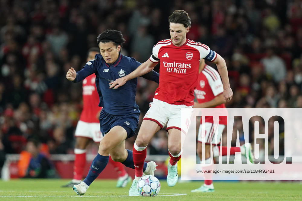 Arsenal v Lille OSC, UEFA Champions League Declan Rice of Arsenal under pressure from Ayase Ueda of Lille during Arsenal v Lille OSC UEFA Champions League matchday 2 at the Emirates Stadium, London, England on 13 October 2026 Credit: Dylan Hepworth Every Second Media Editorial use only. All images are copyright Every Second Media Limited. No images may be reproduced without prior permission.