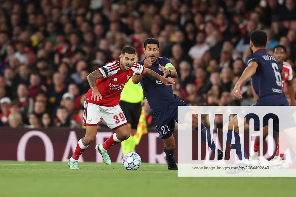 13th October 2026; Arsenal Stadium, London, England; UEFA Champions League Football, Arsenal versus Lille; Bruno Guimaraes of Arsenal and Benjamin Andre of Lille KatiexChan