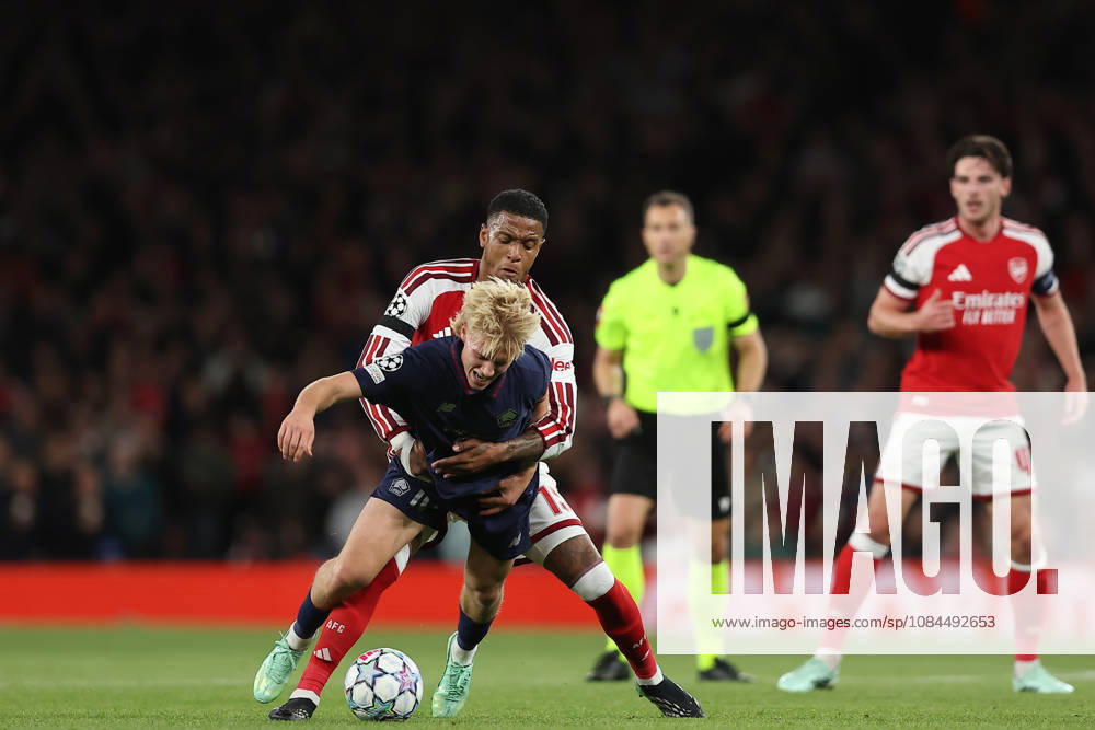 13th October 2026; Arsenal Stadium, London, England; UEFA Champions League Football, Arsenal versus Lille; Hakon Arnar Haraldsson of Lille is fouled by Ezri Konsa of Arsenal KatiexChan