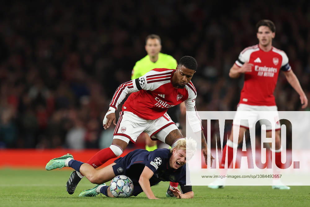 13th October 2026; Arsenal Stadium, London, England; UEFA Champions League Football, Arsenal versus Lille; Hakon Arnar Haraldsson of Lille is fouled by Ezri Konsa of Arsenal KatiexChan