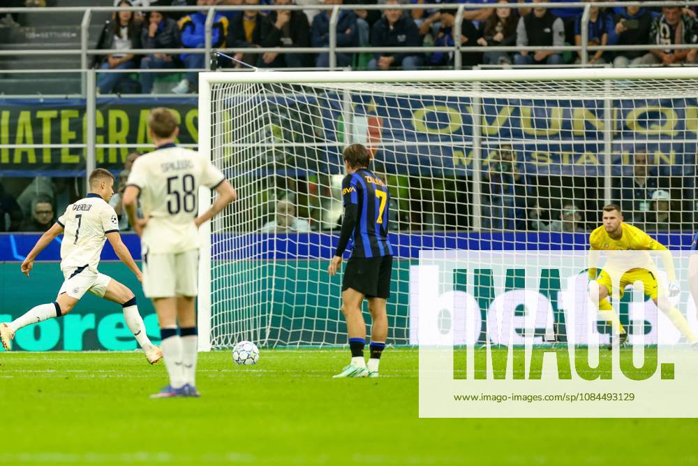 Club s Nicolo Tresoldi scores from penalty during a soccer game between Italian Inter Milan and Belgian Club Brugge KV, Tuesday 13 October 2026 in Milan, Italy, on day 2 of the UEFA Champions League league phase. BRUNOxFAHY x189715320x