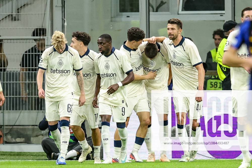 Club s Nicolo Tresoldi celebrates after scoring during a soccer game between Italian Inter Milan and Belgian Club Brugge KV, Tuesday 13 October 2026 in Milan, Italy, on day 2 of the UEFA Champions League league phase. BRUNOxFAHY x189715461x