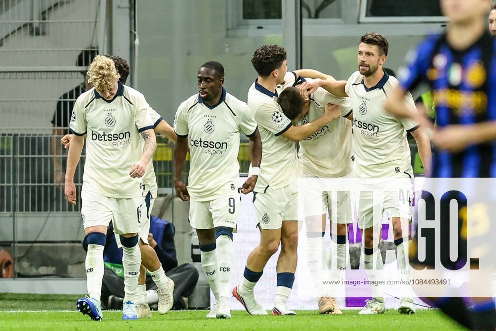 Club s Nicolo Tresoldi celebrates after scoring during a soccer game between Italian Inter Milan and Belgian Club Brugge KV, Tuesday 13 October 2026 in Milan, Italy, on day 2 of the UEFA Champions League league phase. BRUNOxFAHY x189715533x
