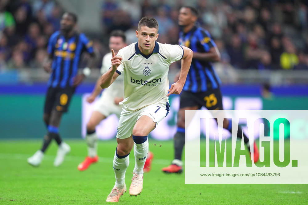 Brugge s Nicolo Tresoldi celebrates after scoring 0-1 during the Uefa Champions League soccer match between Inter and Club Brugge at San Siro Stadium in Milan , Italy - October 13 , 2026. - Soccer