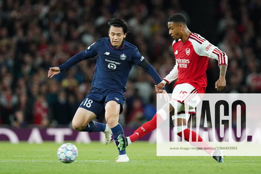 Arsenal v Lille OSC, UEFA Champions League Ezri Konsa of Arsenal under pressure from Ayase Ueda of Lille during Arsenal v Lille OSC UEFA Champions League matchday 2 at the Emirates Stadium, London, England on 13 October 2026 Credit: Dylan Hepworth Every Second Media Editorial use only. All images are copyright Every Second Media Limited. No images may be reproduced without prior permission.