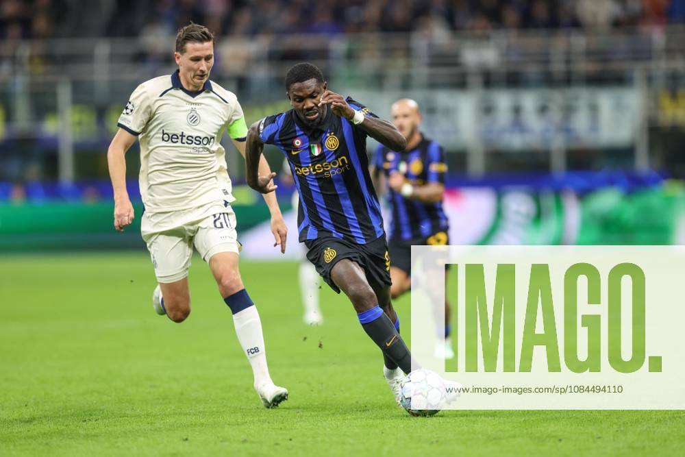 Club s Hans Vanaken and Inter s Marcus Thuram fight for the ball during a soccer game between Italian Inter Milan and Belgian Club Brugge KV, Tuesday 13 October 2026 in Milan, Italy, on day 2 of the UEFA Champions League league phase. BRUNOxFAHY x189716993x