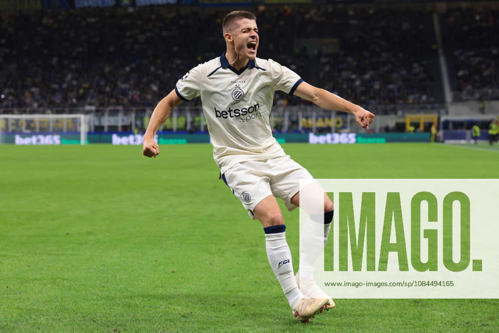 Internazionale v Club Brugge - UEFA Champions League - Giuseppe Meazza Milan, Italy, 13th October 2026. Nicolo Tresoldi of Club Brugge KV celebrates after scoring a penalty to give the visitors a 1-0 lead during the Internazionale vs Club Brugge UEFA Champions League match at Stadio Giuseppe Meazza, Milan. Picture credit should read: Jonathan Moscrop Milan Stadio Giuseppe Meazza Italy