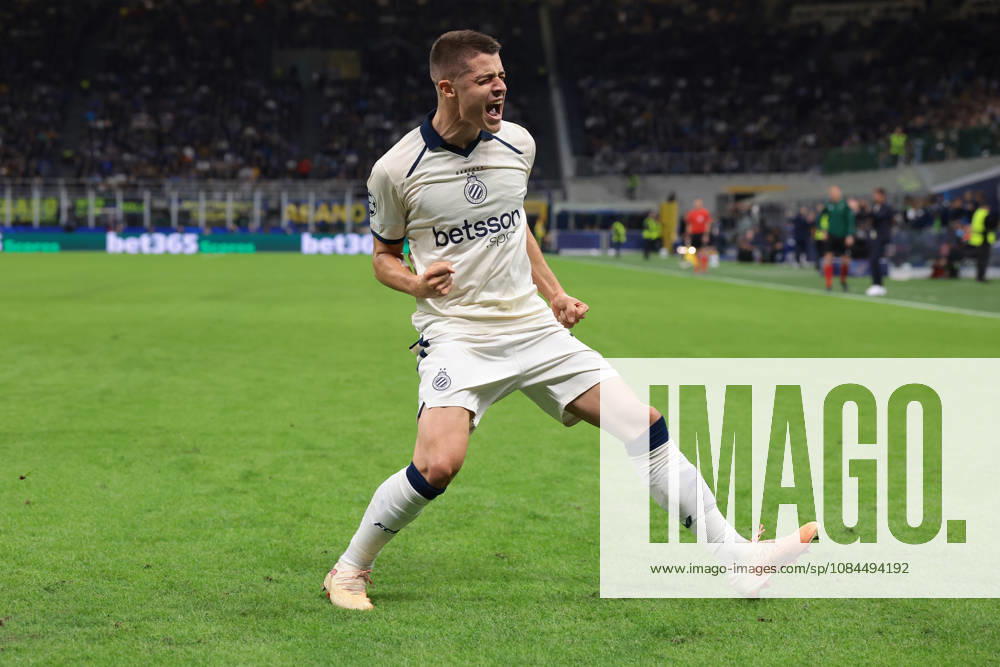 Internazionale v Club Brugge - UEFA Champions League - Giuseppe Meazza Milan, Italy, 13th October 2026. Nicolo Tresoldi of Club Brugge KV celebrates after scoring a penalty to give the visitors a 1-0 lead during the Internazionale vs Club Brugge UEFA Champions League match at Stadio Giuseppe Meazza, Milan. Picture credit should read: Jonathan Moscrop Milan Stadio Giuseppe Meazza Italy