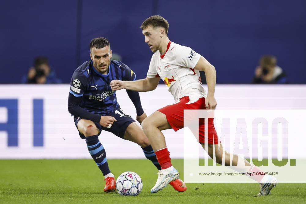 LEIPZIG - (lr) Filip Kostic of PSV Eindhoven and Brajan Gruda of RB Leipzig during the UEFA Champions League match between RB Leipzig and PSV Eindhoven at the RB Arena on 13 October 2026 in Leipzig, Germany. MAURICE VAN STEEN ANP ANPxSportx IVx 572349800 originalFilename: 572349800