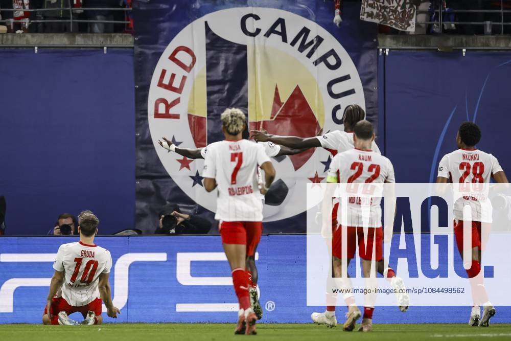 LEIPZIG - (lr) Brajan Gruda of RB Leipzig, Antonio Nusa of RB Leipzig, David Raum of RB Leipzig and Christopher Nkunku of RB Leipzig celebrate Brajan Gruda of RB Leipzig s 1-0 goal during the UEFA Champions League match between RB Leipzig and PSV Eindhoven at the RB Arena on 13 October 2026 in Leipzig, Germany. MAURICE VAN STEEN ANP ANPxSportx IVx 572357773 originalFilename: 572357773