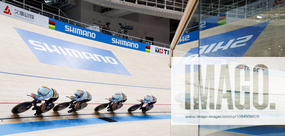 Belgian Gianluca Pollefliet; Belgian Witse Bertels; Belgian Tuur Dens and Belgian Noah Vandenbranden are pictured in action during the Mens Team Pursuit event at the UCI Track cycling, Rad, Radsport, Bahnrad, Bahn World Championships in Shanghai, China on Wednesday 14 October 2026. The worlds are taking place from 14 to 18 October 2026. BENOITxDOPPAGNE x189757215x