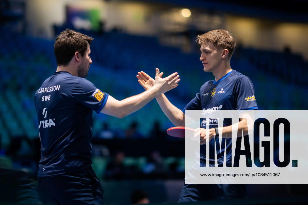 Kristian Karlsson and Anton Källberg of Sweden celebrate during day 4 of the European Table tennis, Tischtennis Championship on October 14, 2026 in Ljubljana. Photo: Martin Metelko BILDBYRÅN COP 362 ME0001 bordtennis table tennis pingis 2026 european table tennis championship bordtennis-em em 4 bbeng jubel