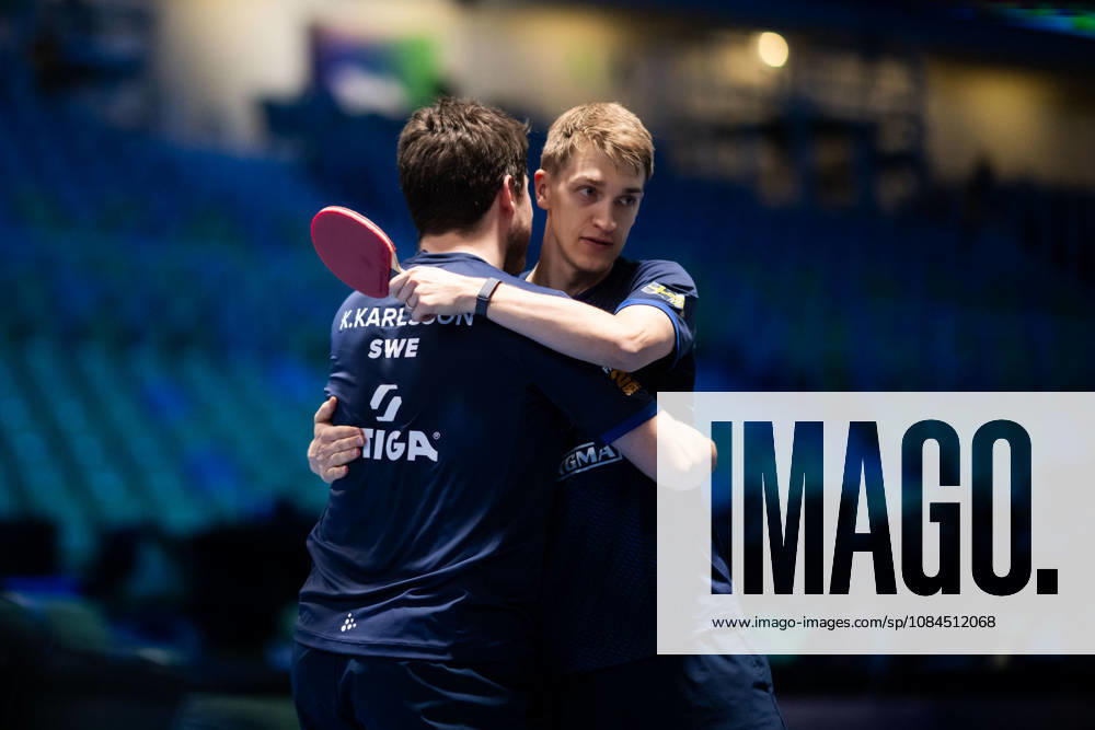 Kristian Karlsson and Anton Källberg of Sweden celebrate during day 4 of the European Table tennis, Tischtennis Championship on October 14, 2026 in Ljubljana. Photo: Martin Metelko BILDBYRÅN COP 362 ME0001 bordtennis table tennis pingis 2026 european table tennis championship bordtennis-em em 4 bbeng jubel