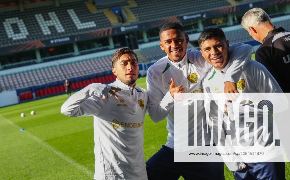 Union s Anouar Ait El Hadj; Union s Guilherme Smith and Union s Dylan Aquino pictured during a training session of Belgian soccer team Royale Union Saint-Gilloise, Wednesday 14 October 2026 in Leuven. The team is preparing for the 2nd match of the UEFA Europa League league phase against Spanish Real Sociedad tomorrow. VIRGINIExLEFOUR x189777130x