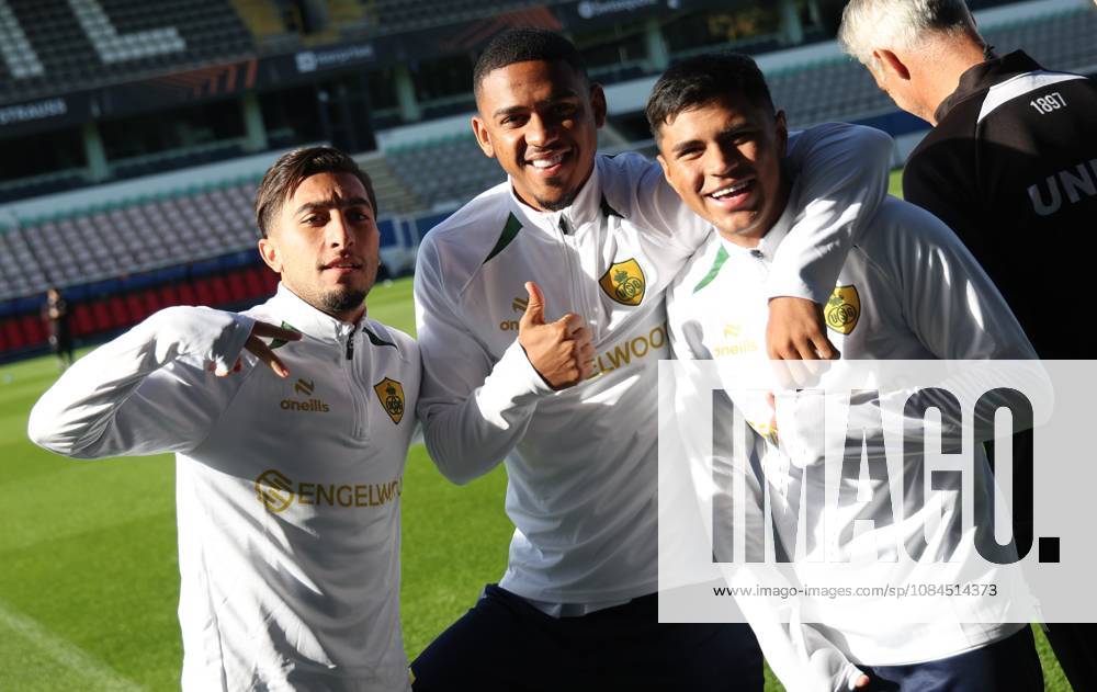 Union s Anouar Ait El Hadj; Union s Guilherme Smith and Union s Dylan Aquino pictured during a training session of Belgian soccer team Royale Union Saint-Gilloise, Wednesday 14 October 2026 in Leuven. The team is preparing for the 2nd match of the UEFA Europa League league phase against Spanish Real Sociedad tomorrow. VIRGINIExLEFOUR x189777132x