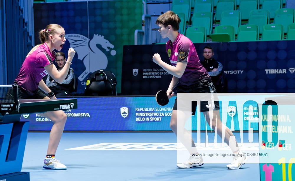 Nina Mittelham ttc berlin eastside-Annett Kaufmann SV DJK Kolbermoor Germany (foto-ms5331) bei den Tischtennis-Europameisterschaften in Ljubljana, Slowenien LJUBLJANA, SLOWENIEN - 14. OKTOBER 2026: Nina Mittelham ttc berlin eastside-Annett Kaufmann SV DJK Kolbermoor Germany (foto-ms5331) erreichen im Doppel das Viertelfinale bei den Tischtennis-Europameisterschaften in der Stozice Arena, Ljubljana, Slowenien Ljubljana Stozice Arena Slovenia